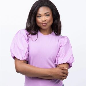 NWT Love The Label Embroidered Short Puff Sleeve Pink Lavender Top Size L